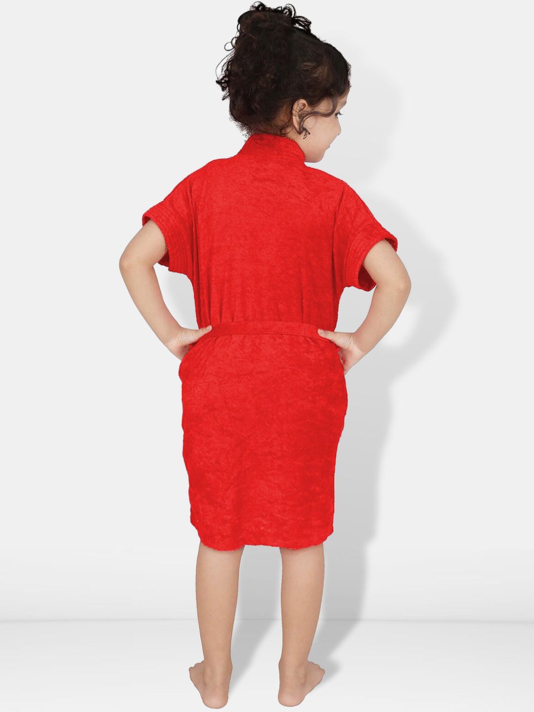 Red Solid Cotton Drawstring Knee Length Bath Robe