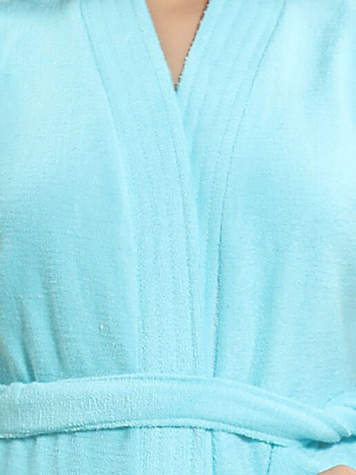 Blue Solid Cotton Drawstring Knee Length Bath Robe