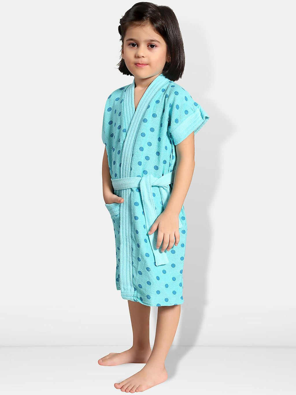 Blue Polka Dots Cotton Drawstring Knee Length Bath Robe