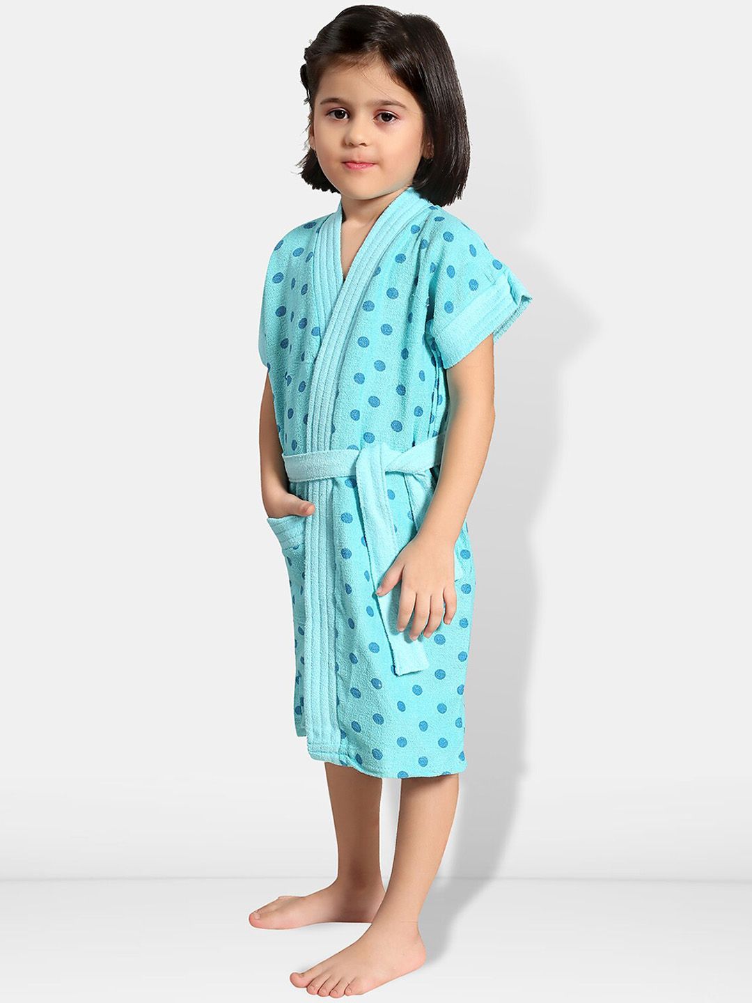 Blue Polka Dots Cotton Drawstring Knee Length Bath Robe