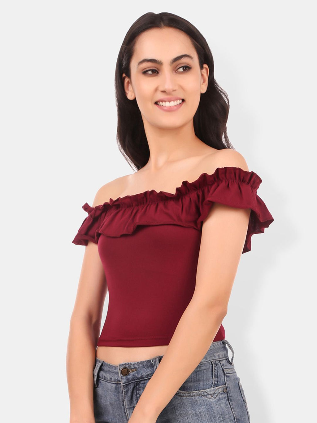 Off-Shoulder Ruffles Cotton Bardot Crop Top