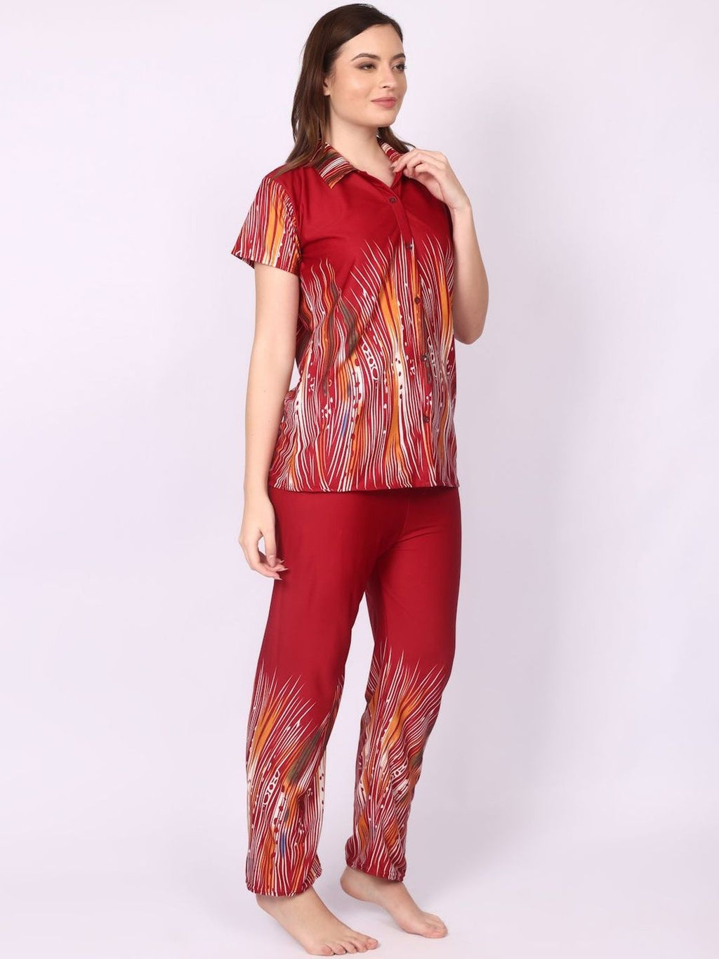 Women Maroon Printed Satin Night suit