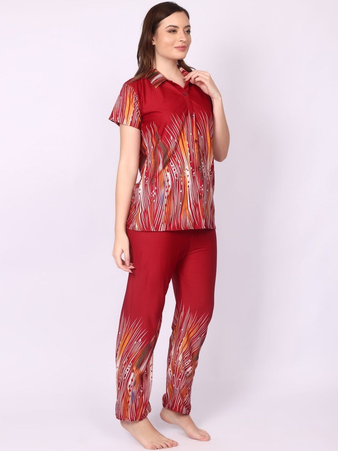 Women Maroon Printed Satin Night suit