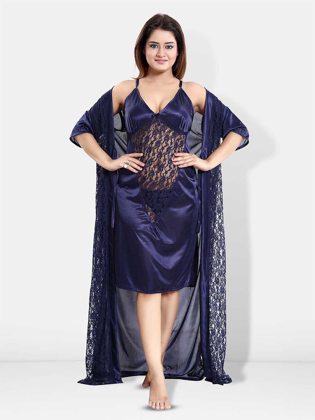 Be You Set Of 3 Lace Detail Satin Maxi Wrap Nightdress