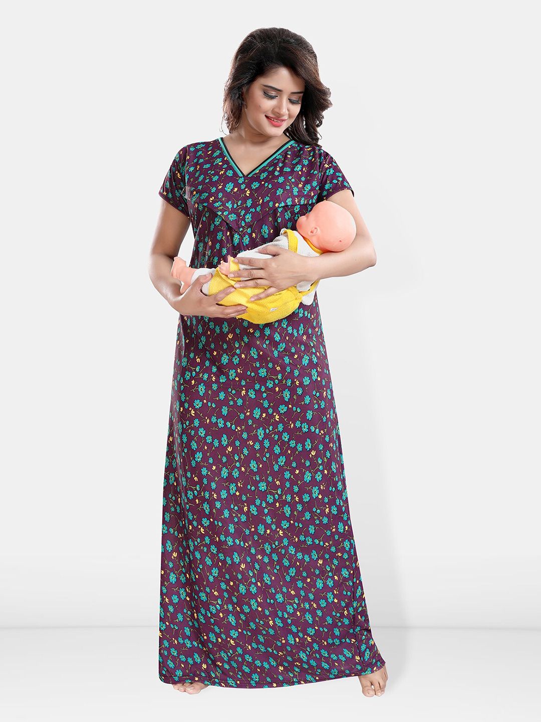 Be You Printed Satin V-Neck Maternity Maxi Nightdress