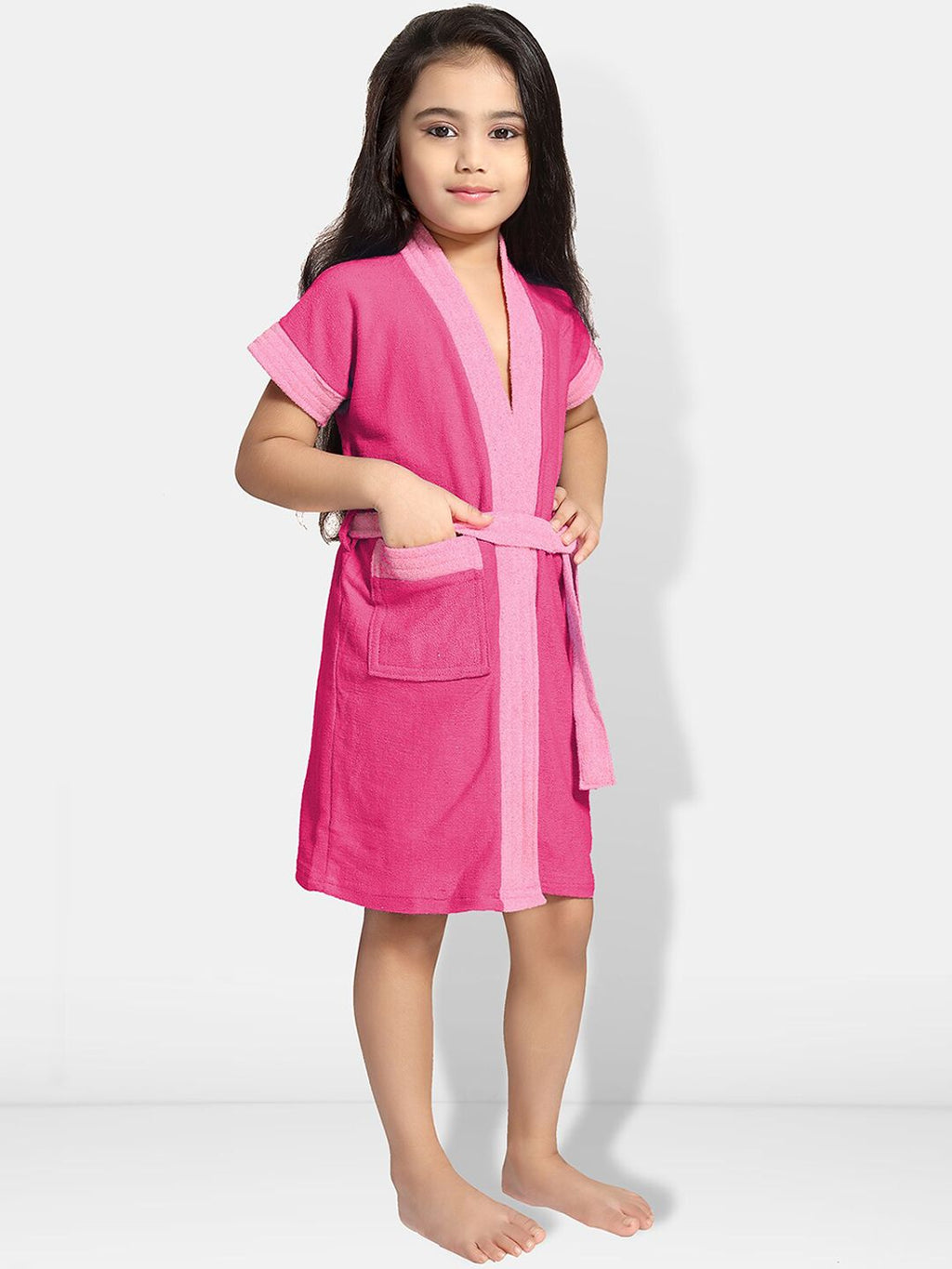 Two-Tone Pink Solid Cotton Drawstring Knee Length Bath Robe