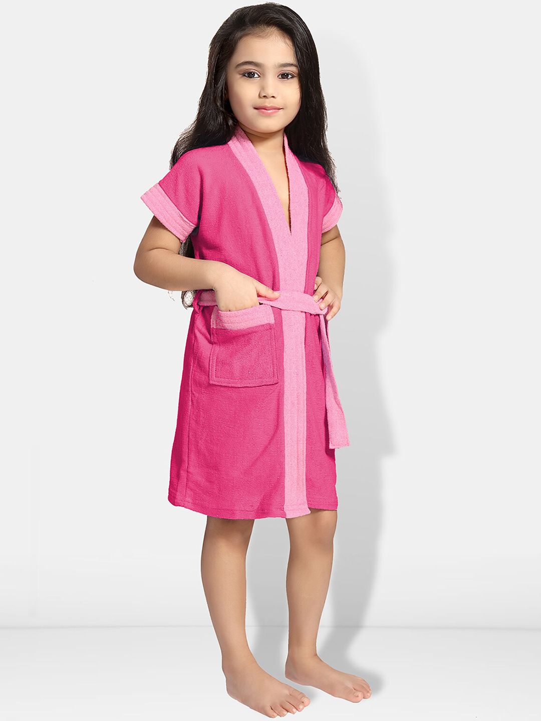 Two-Tone Pink Solid Cotton Drawstring Knee Length Bath Robe