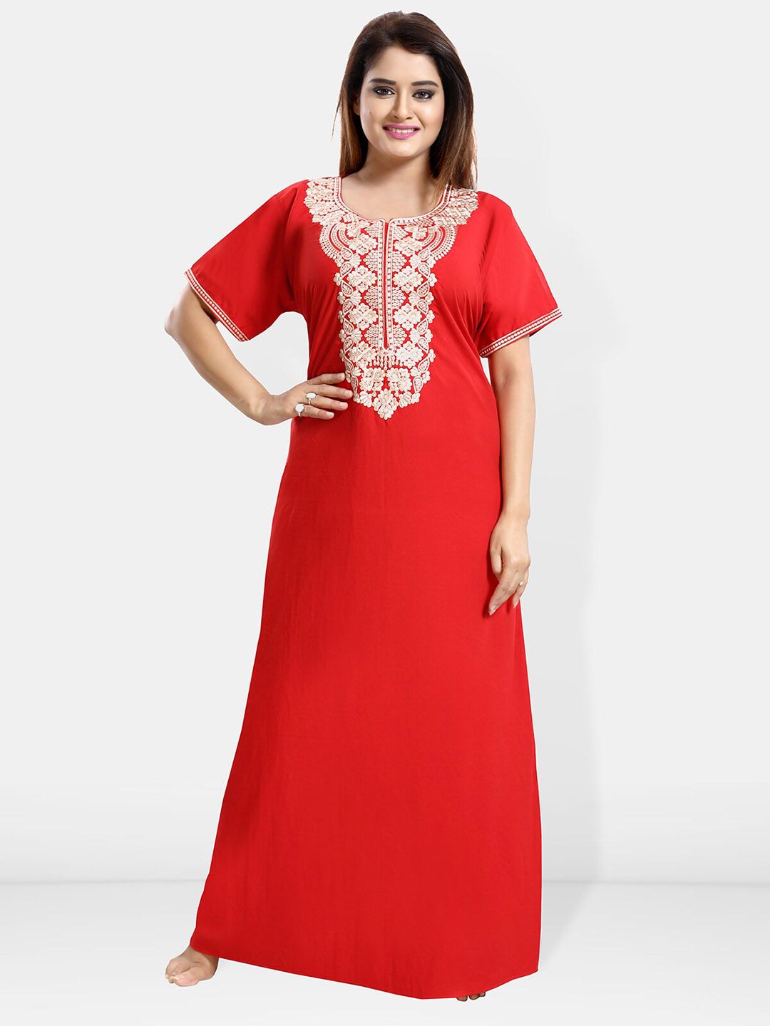 Be You Ethnic Motifs Embroidered Maxi Nightdress