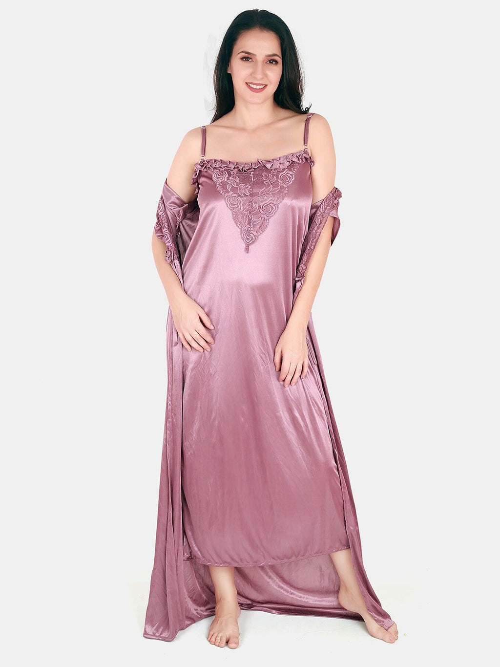 Floral Lace Shoulder Straps Satin Maxi Nightdress With Robe
