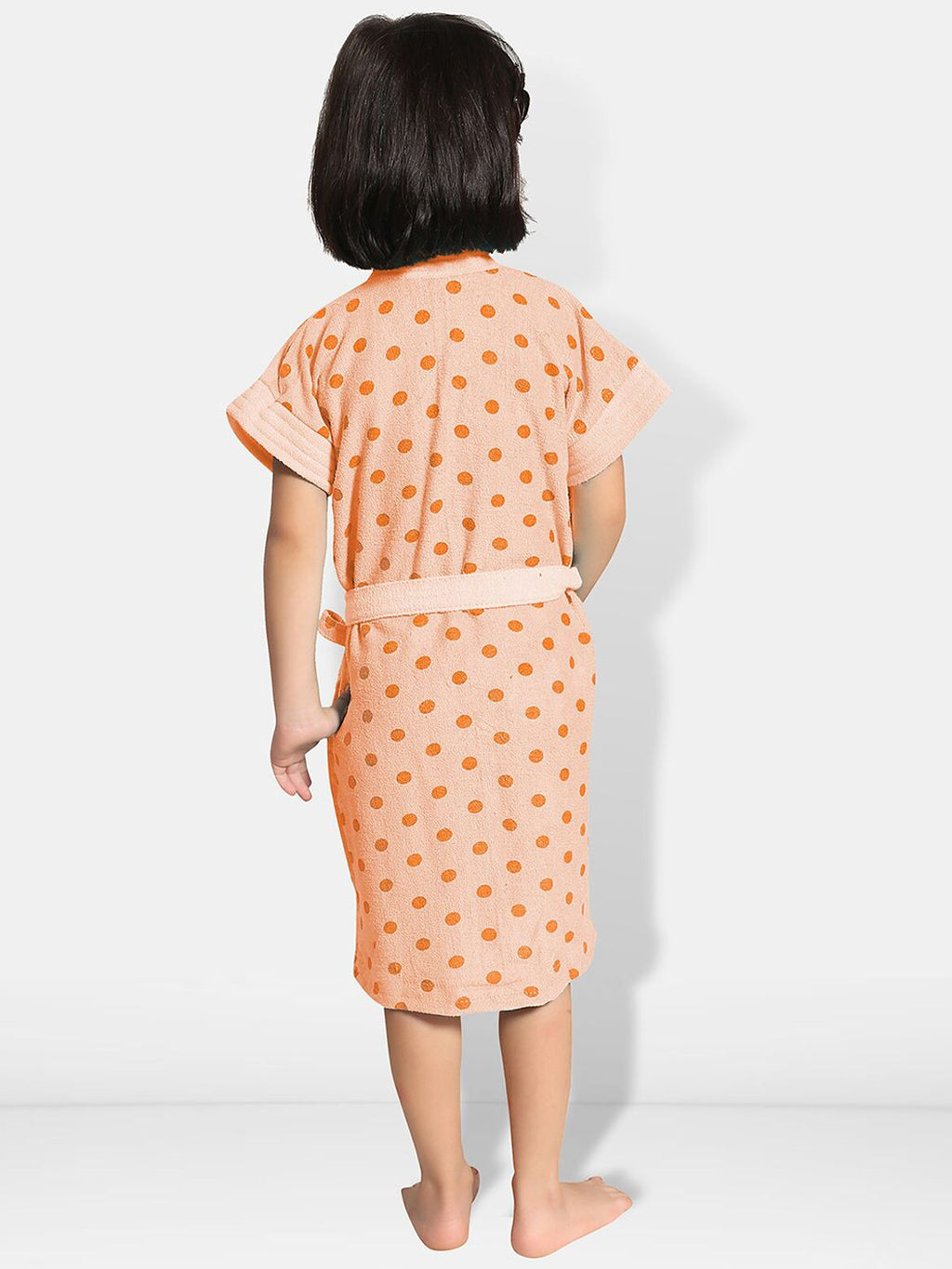 Peach Polka Dots Cotton Drawstring Knee Length Bath Robe