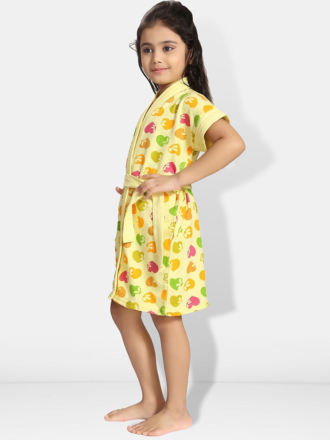 Hearts Yellow Conversational Cotton Drawstring Knee Length Bath Robe