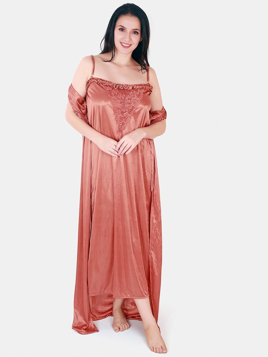 Floral Lace Shoulder Straps Satin Maxi Nightdress With Robe