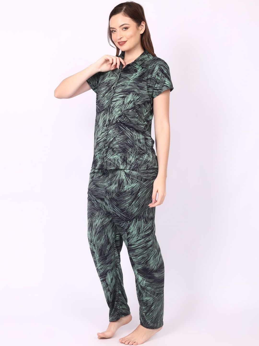 Women Green Satin Shirt Collar Short Sleeves Causal Night Suit