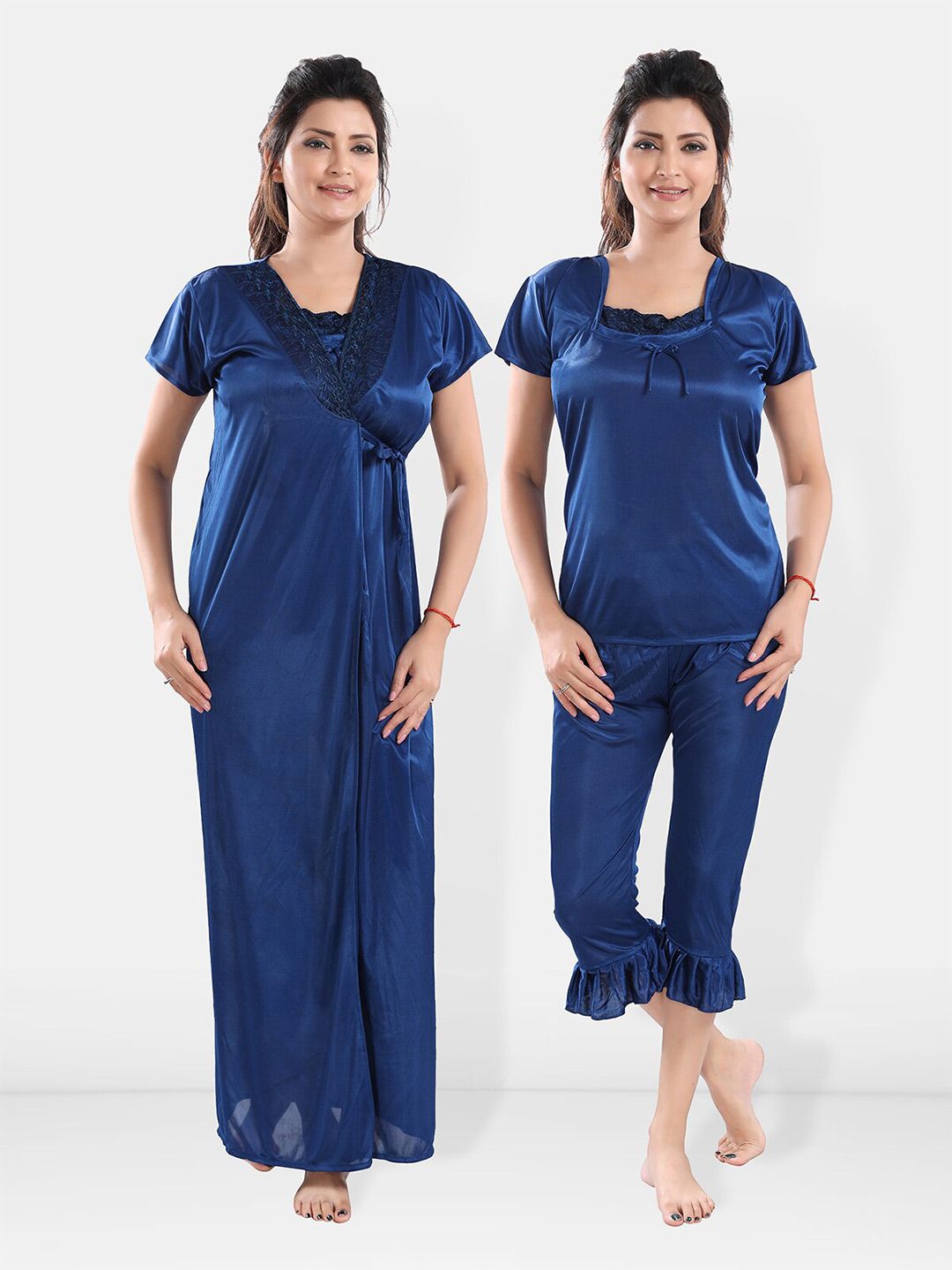 Be You Square Neck Satin Night Suit With Robe
