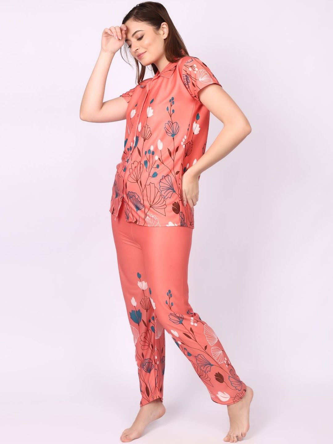 Women Floral Printed Top & Pyjama Night suit