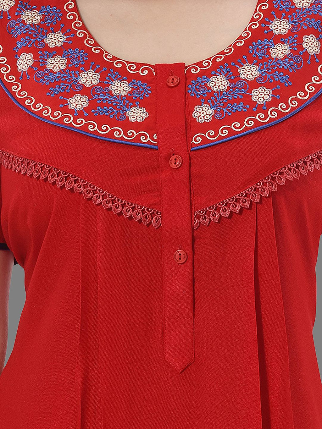 Women Red Embroidered Maxi Nightdress