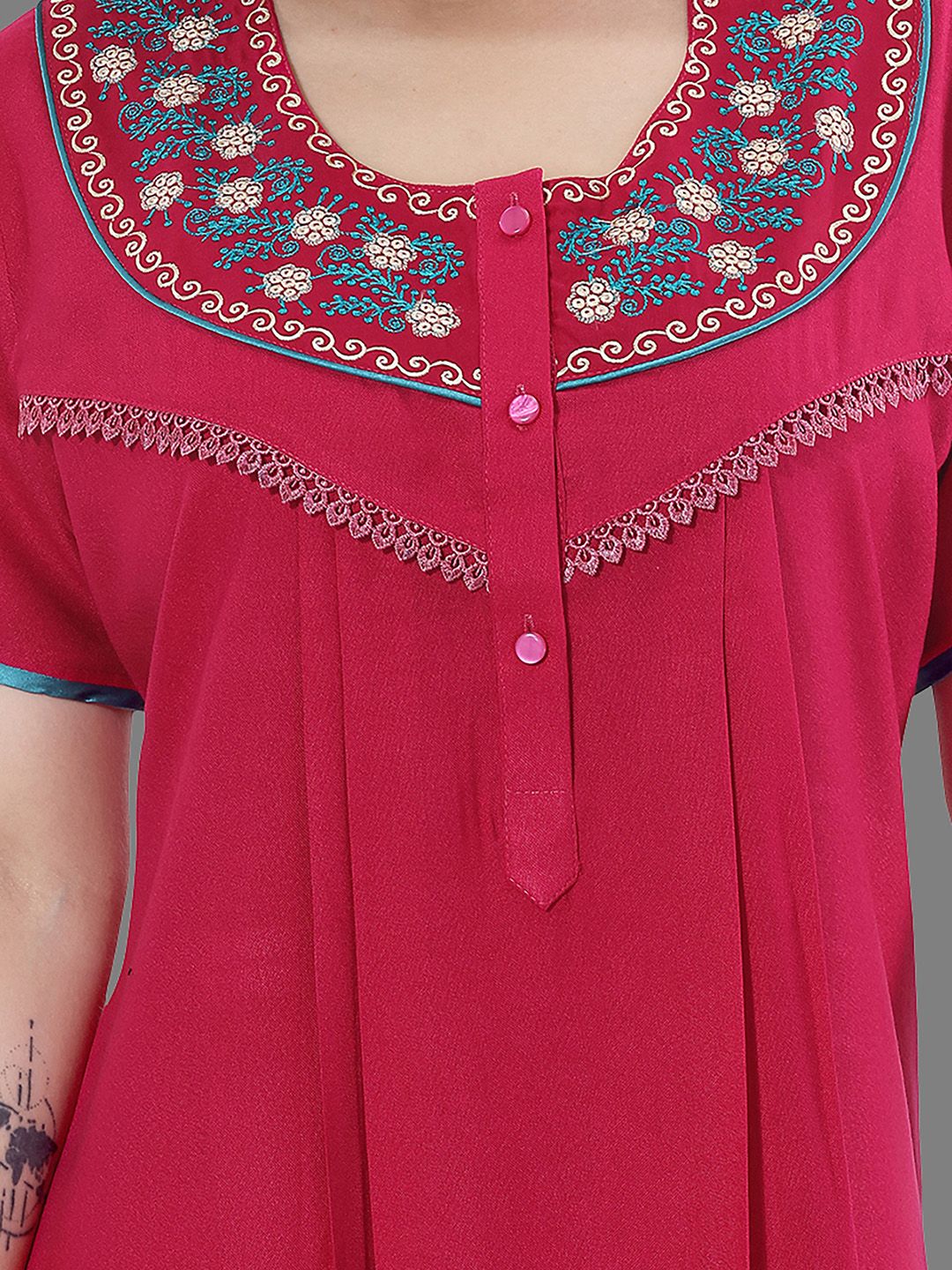 Women Pink Embroidered Maxi Nightdress