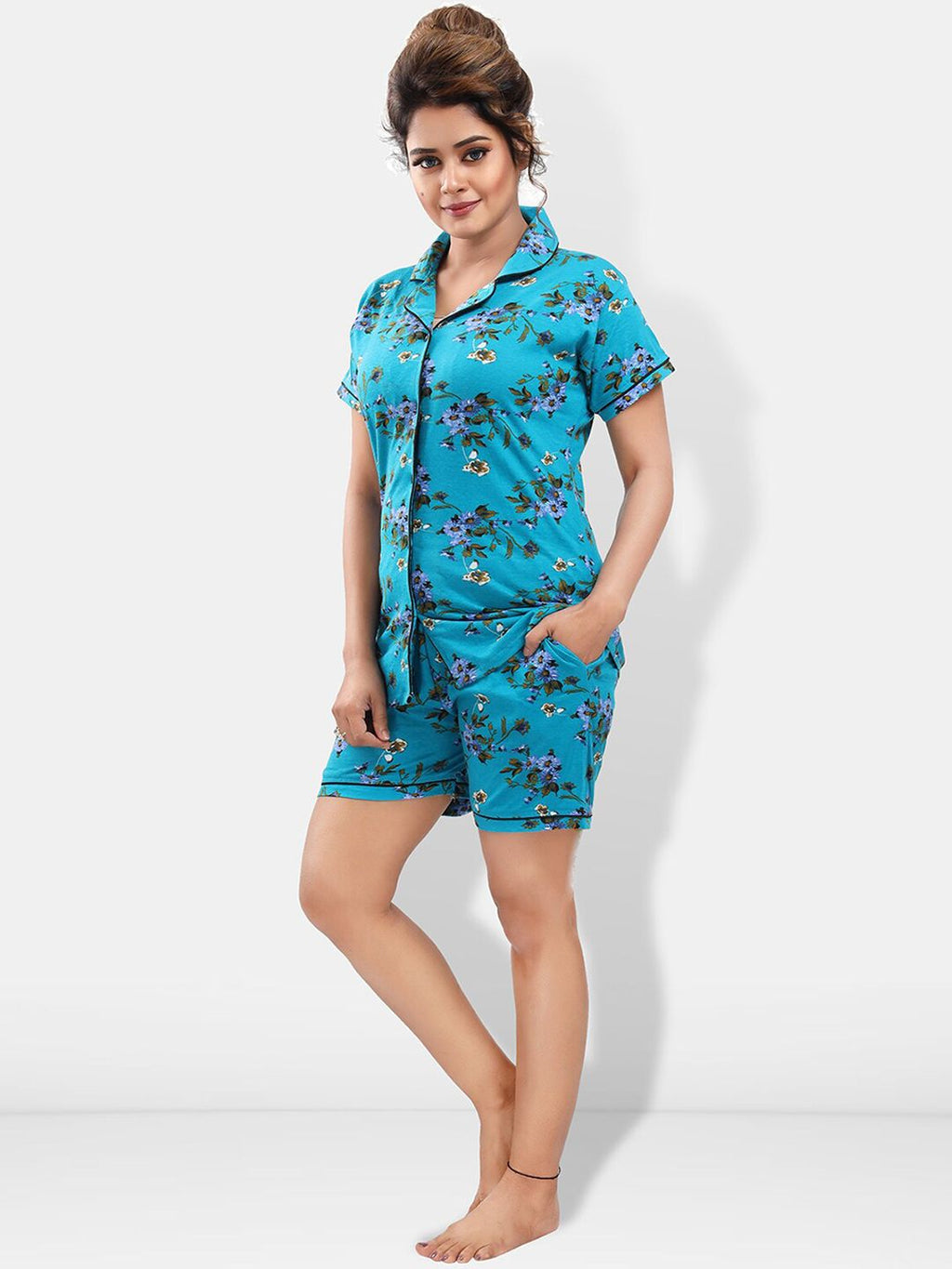 Pack Of 2 Lapel Collar Floral Printed Night Suits