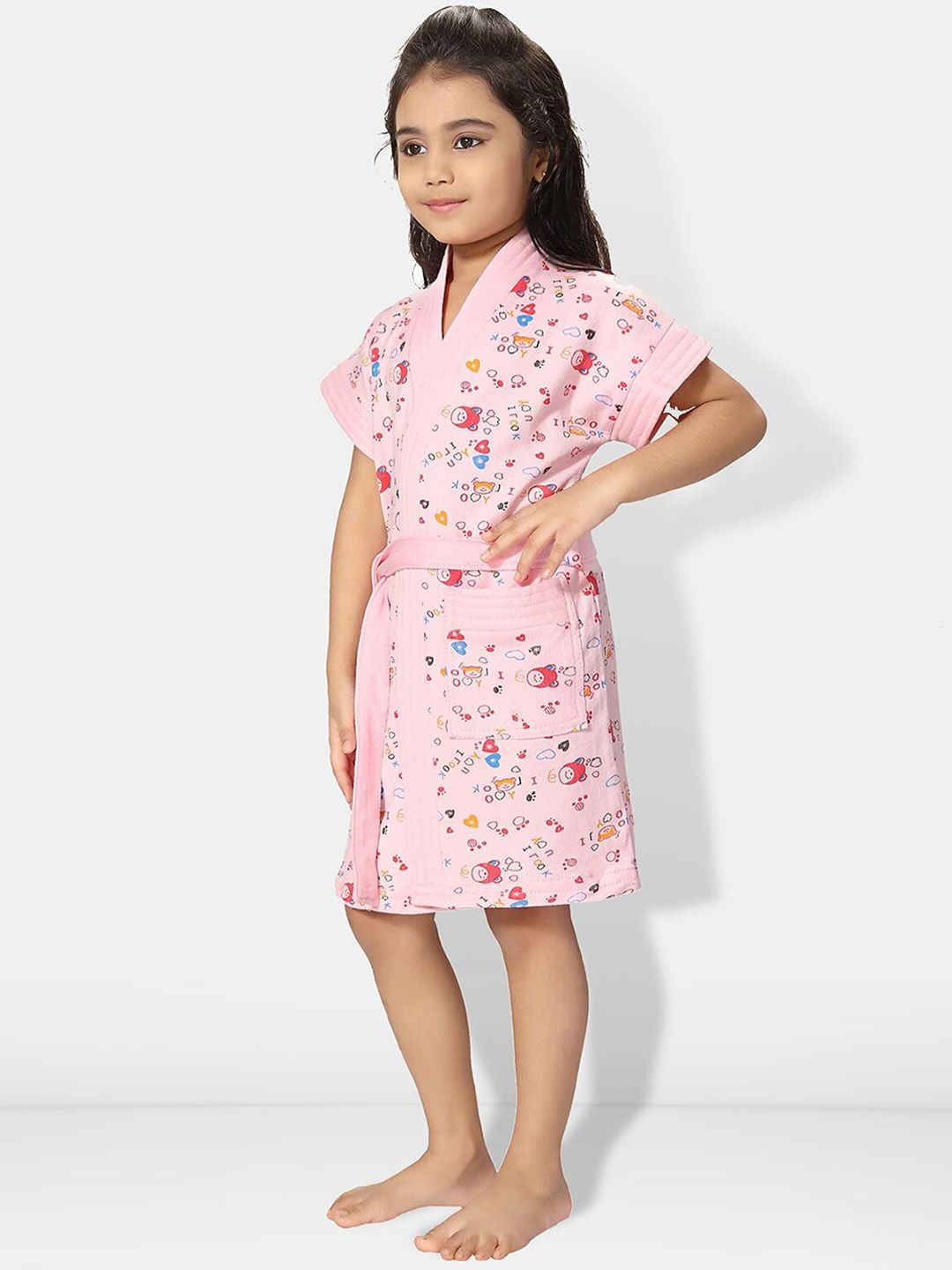 Girls Printed Terry Cotton Water Absorbent Bath Robe With Belt