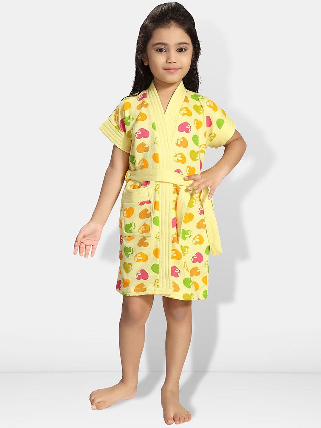 Be You Hearts Yellow Conversational Cotton Drawstring Knee Length Bath Robe