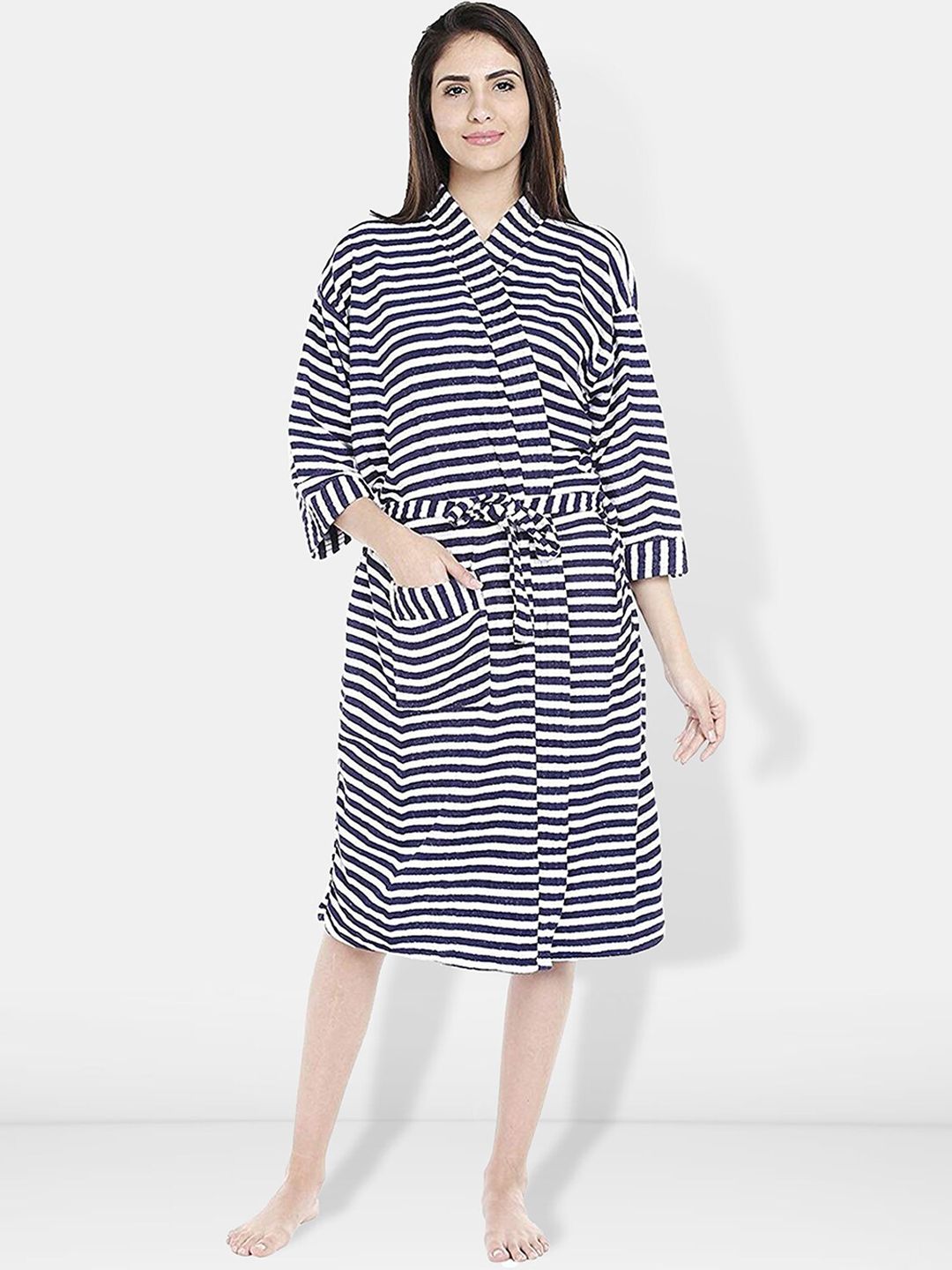 Be You Blue Striped Cotton Drawstring Knee Length Bath Robe-2XL