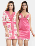 Be You Women Floral Printed Sleeveless Satin Wrap Nightdress With Robe