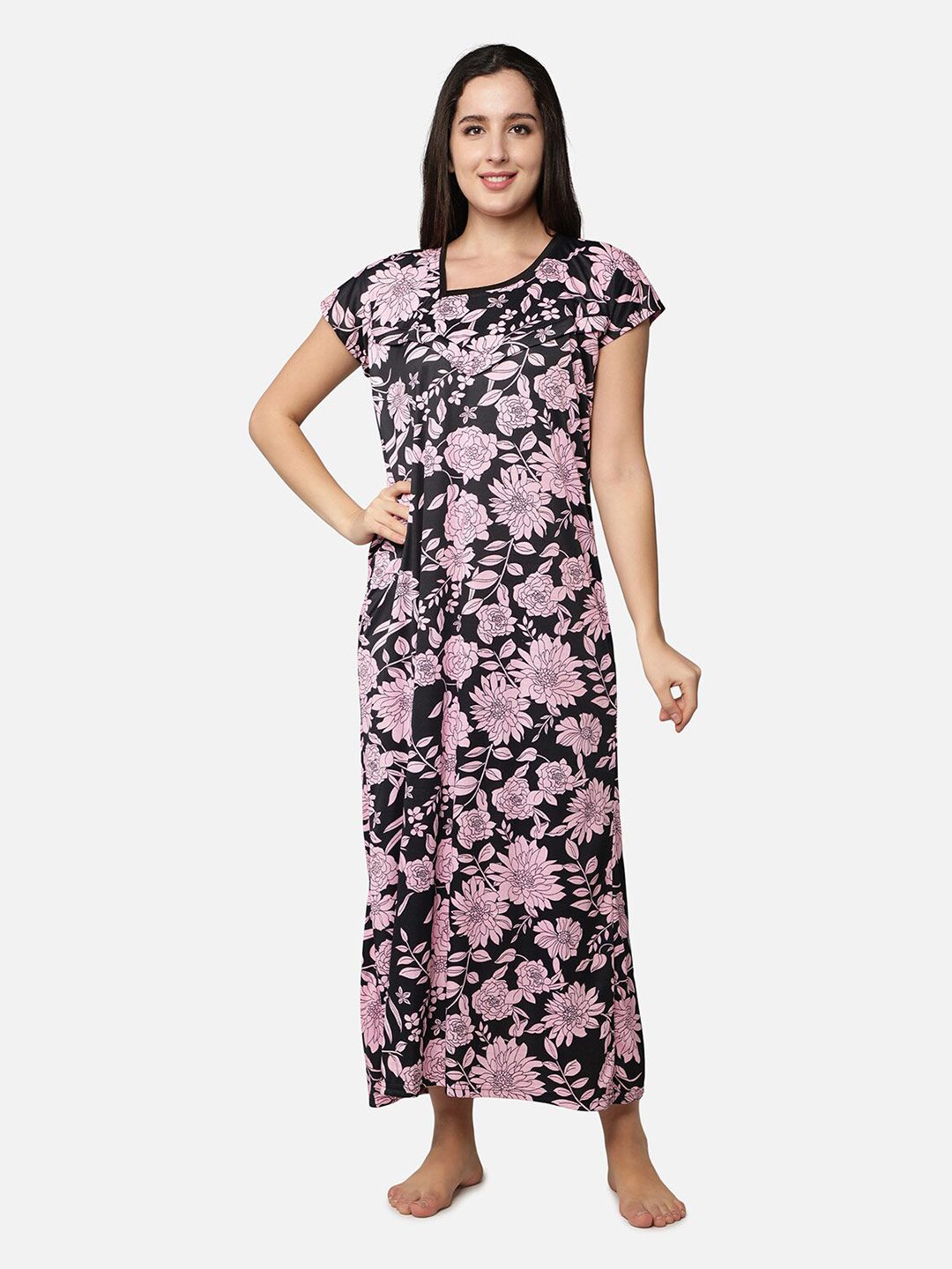 Be You Women Pink Printed Maxi Nightdress