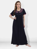 Be You Women Navy Blue Embroidered Maxi Nightdress