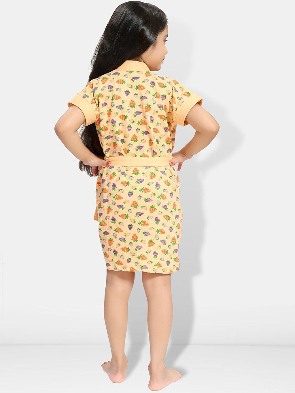Strawberry Print Cream Conversational Cotton Drawstring Knee Length Bath Robe