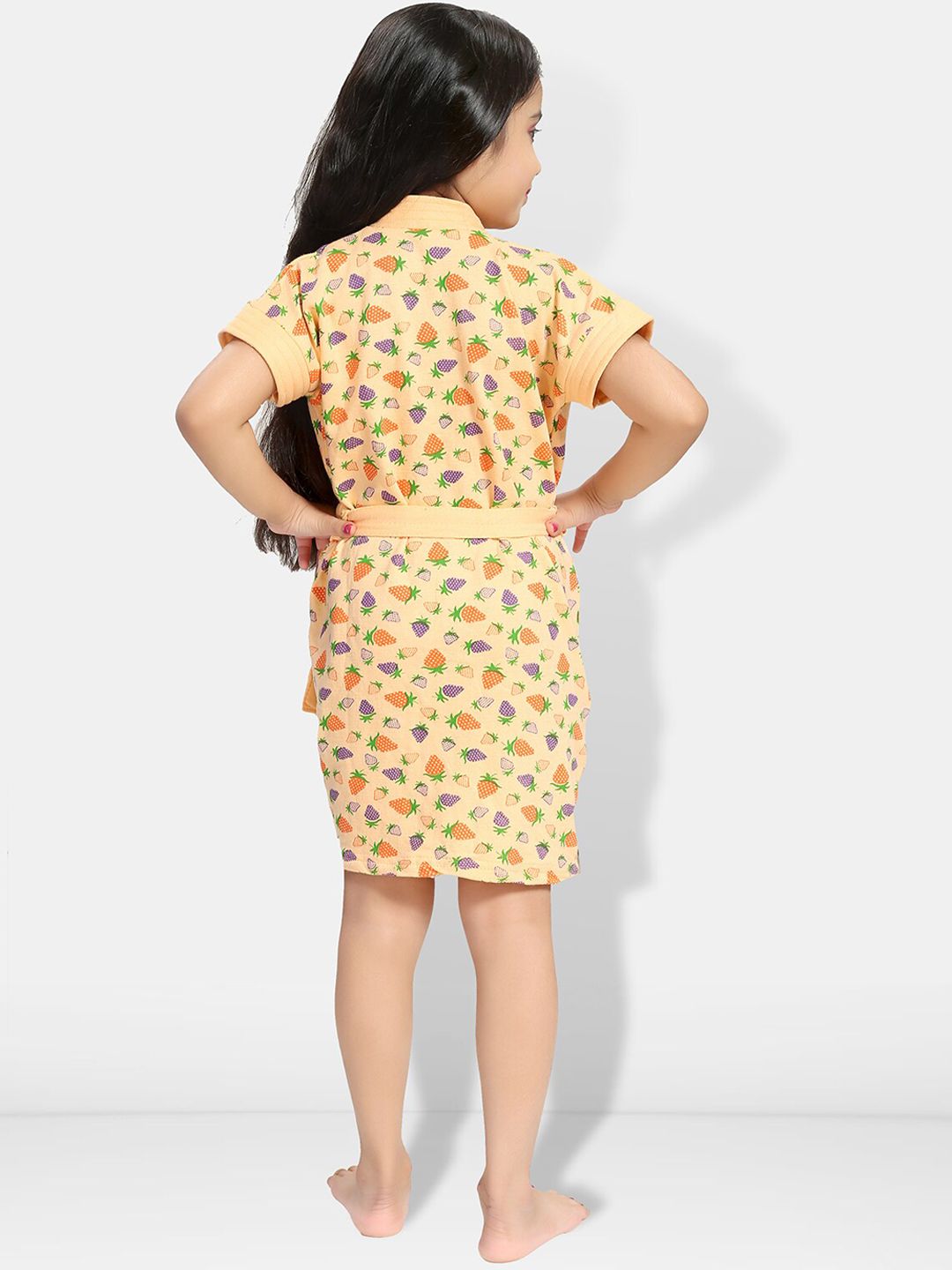 Strawberry Print Cream Conversational Cotton Drawstring Knee Length Bath Robe