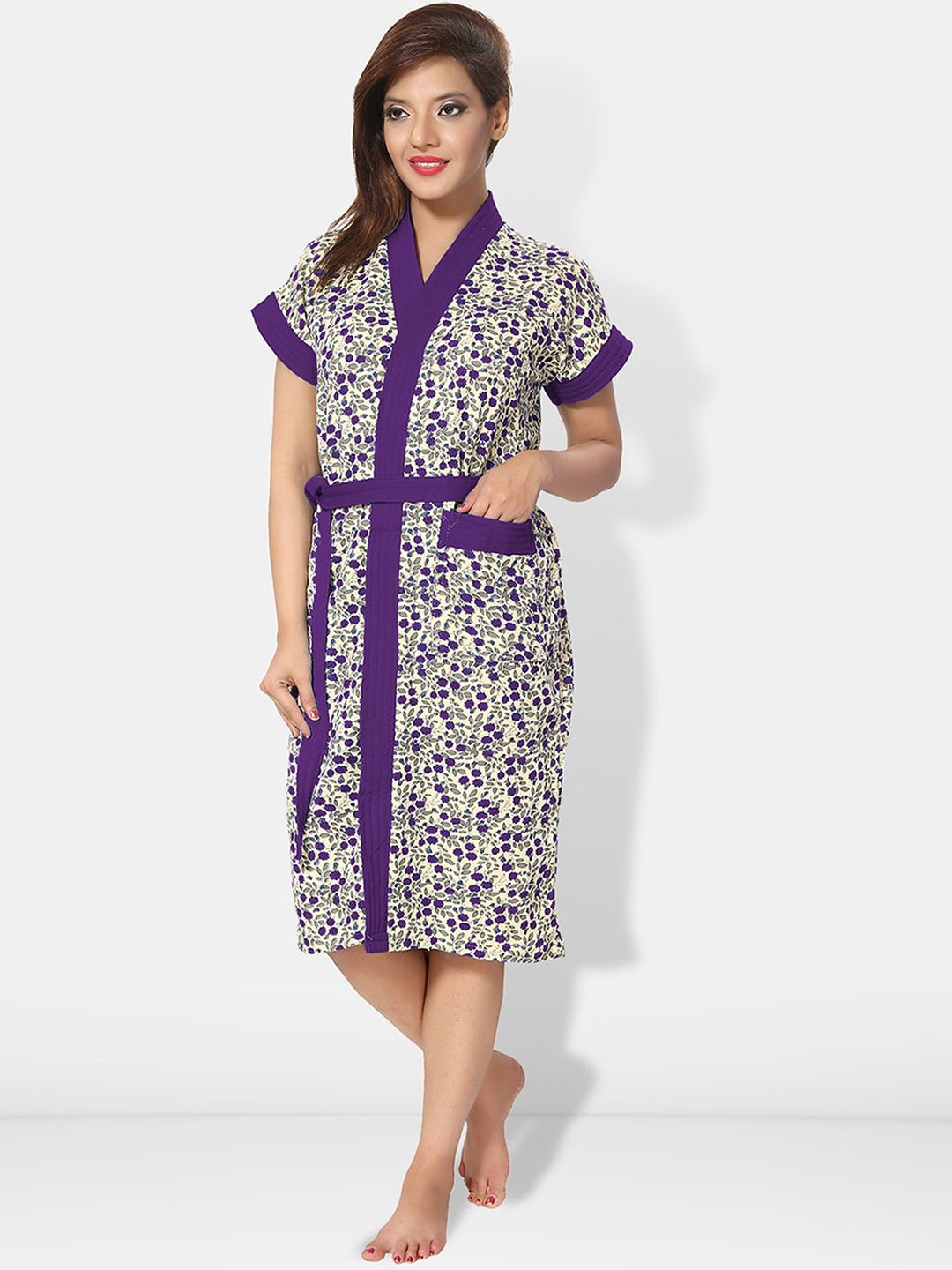 Be You Women Floral Printed Cotton Anti-bacterial Super Soft Bath Robe With Belt