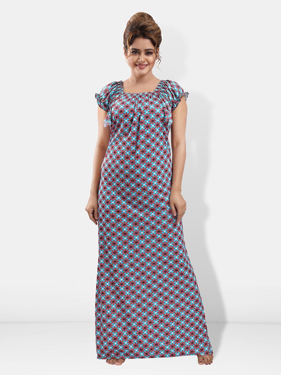 Be You Floral Printed Square Neck Maxi Satin Nightdress