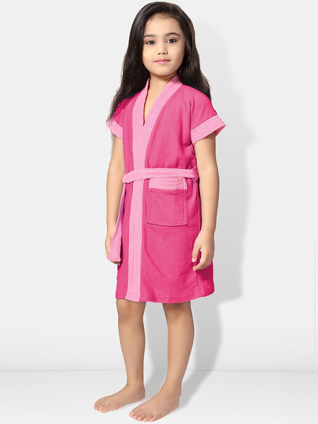 Two-Tone Pink Solid Cotton Drawstring Knee Length Bath Robe