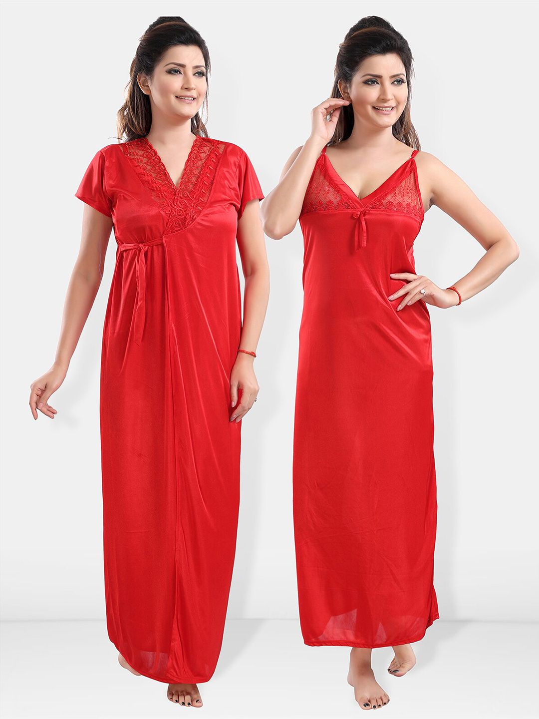 Be You V-Neck Satin Lace Night Suit With Robe