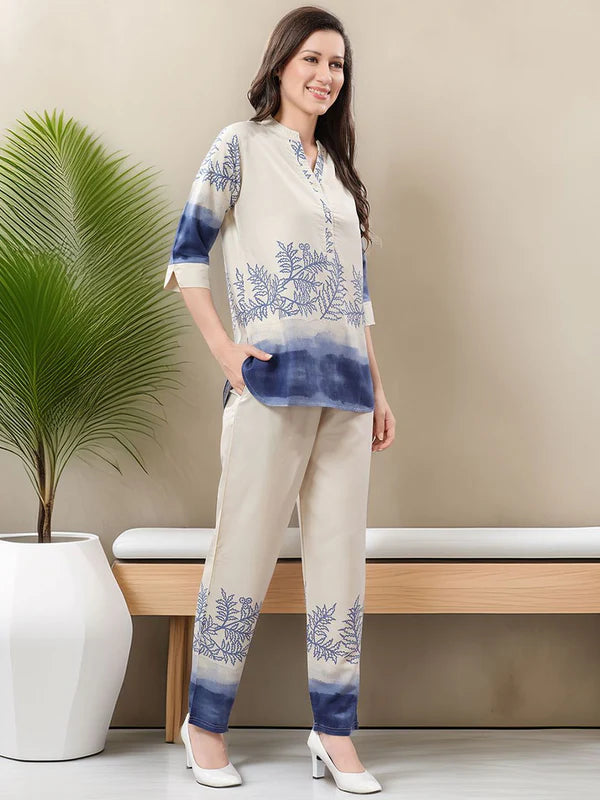 Beige & Indigo Tunic Co-ord Set