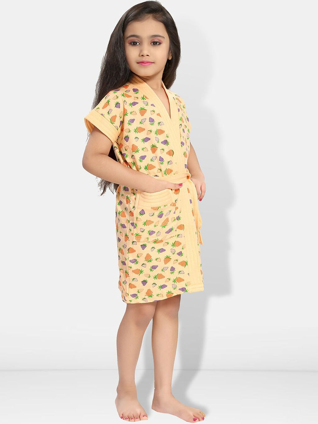 Strawberry Print Cream Conversational Cotton Drawstring Knee Length Bath Robe