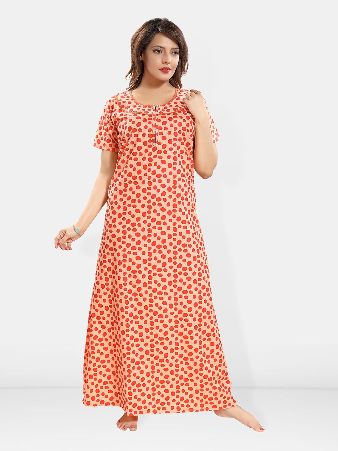 Be You Polka Dots Printed Round Neck Pure Cotton Maxi Nightdress