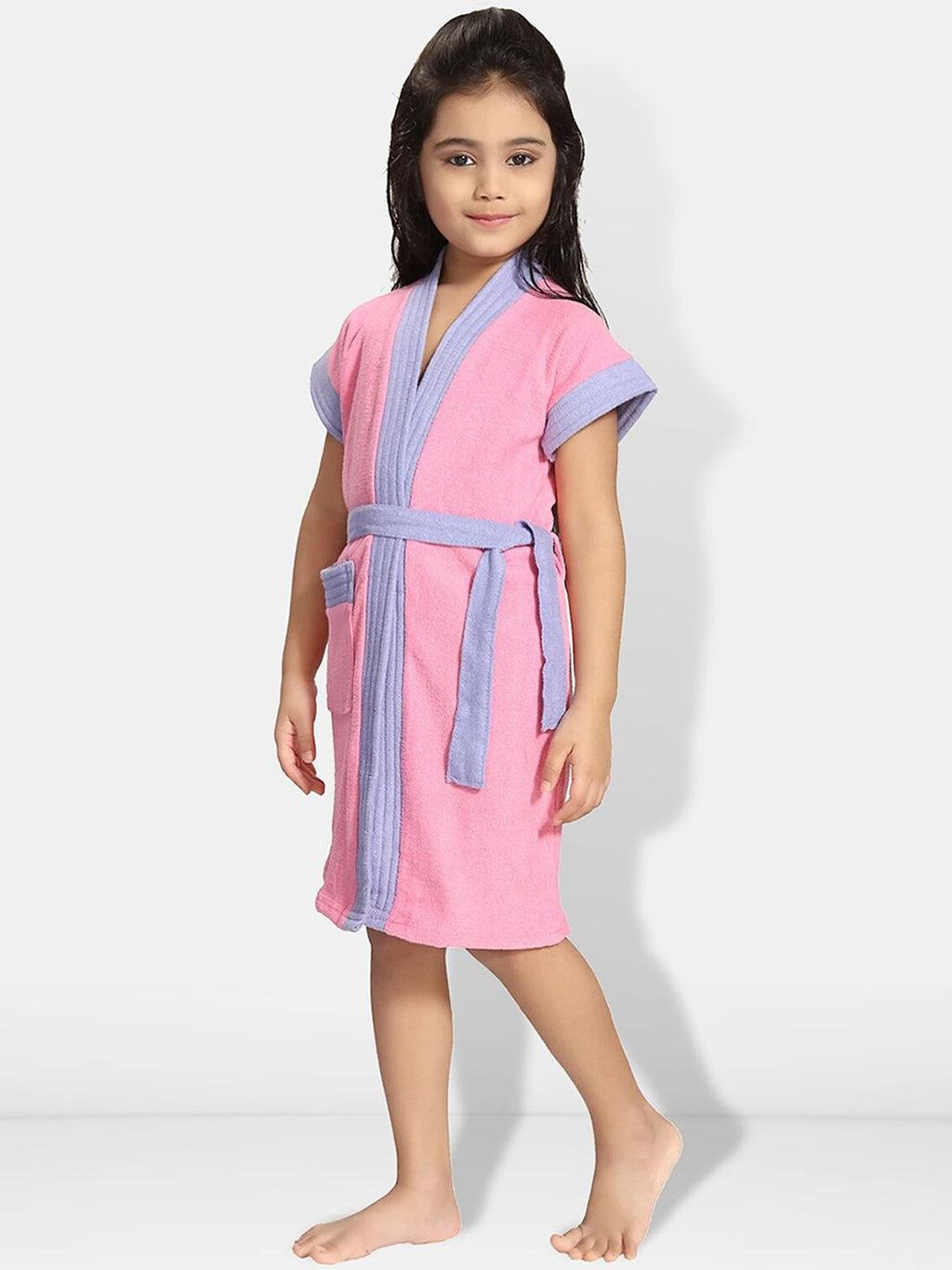 Two-Tone Pink Solid Cotton Drawstring Knee Length Bath Robe