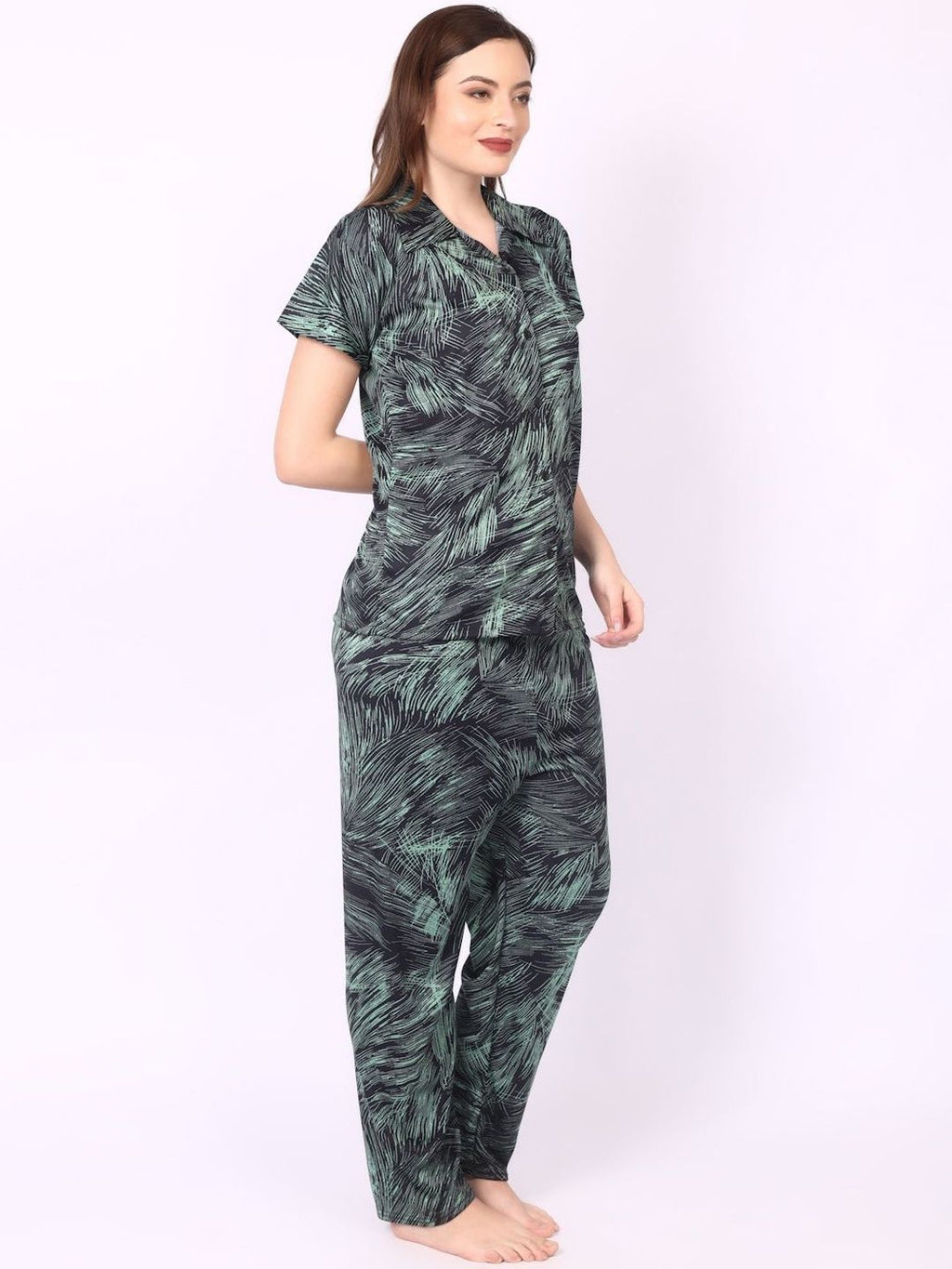 Women Green Satin Shirt Collar Short Sleeves Causal Night Suit