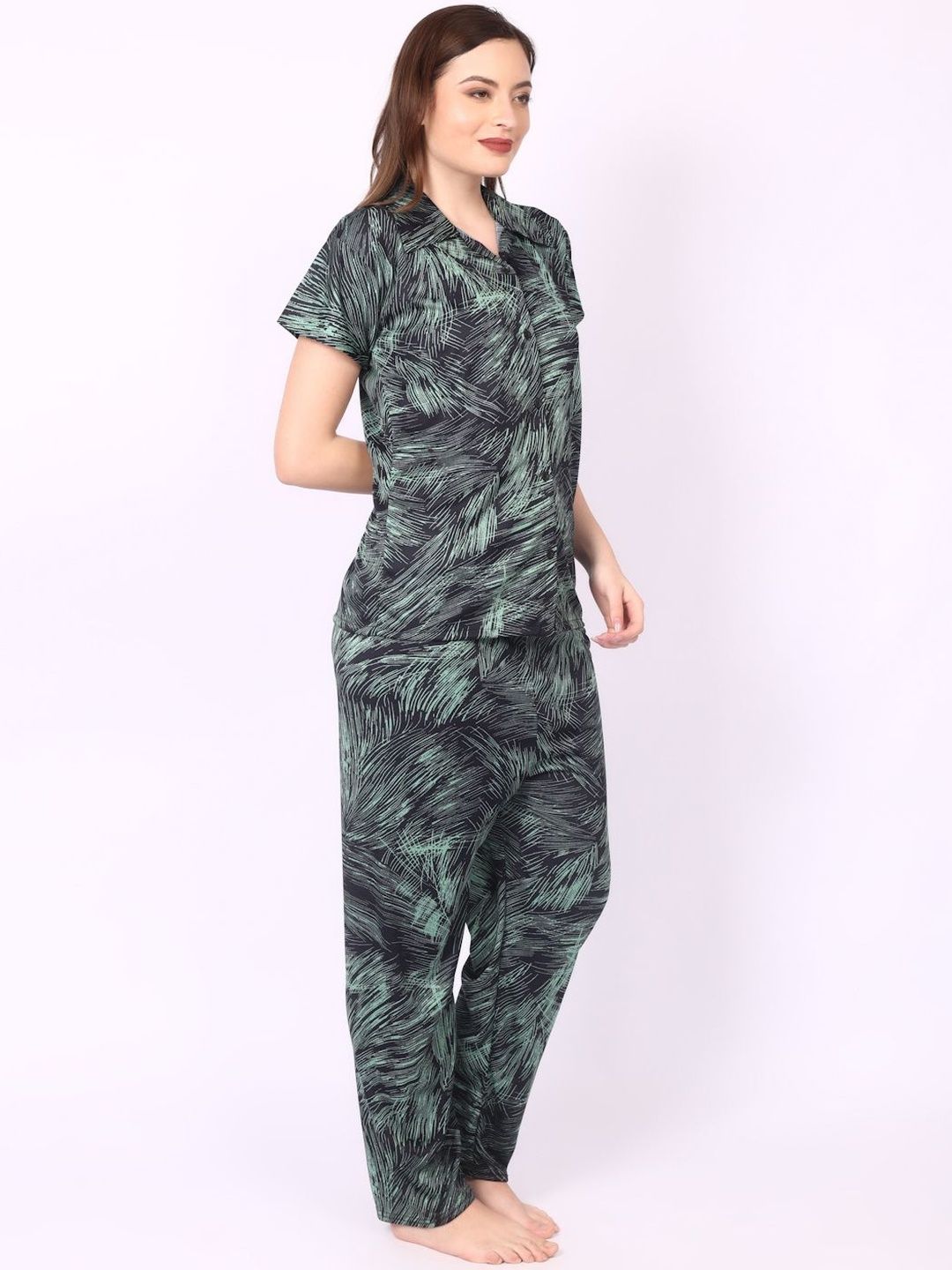 Women Green Satin Shirt Collar Short Sleeves Causal Night Suit