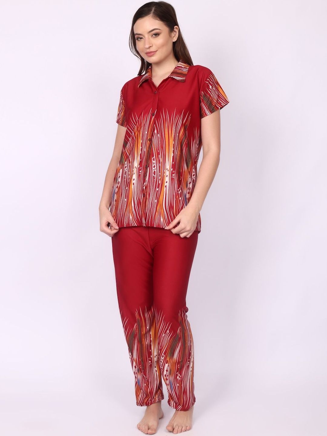 Be You Women Maroon Printed Satin Night suit
