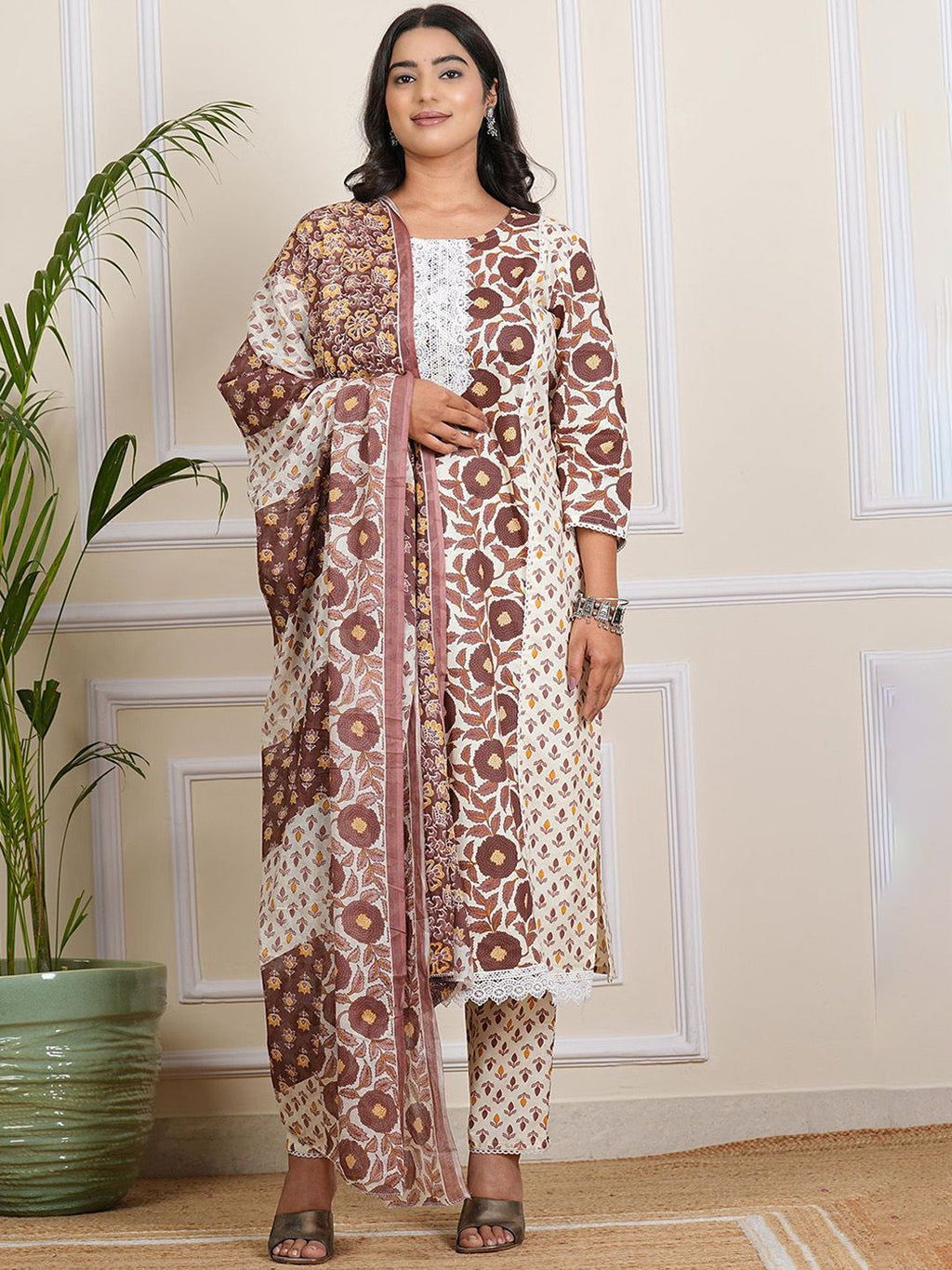 Be You Floral Printed Round Neck Straight Kurta With Trousers And Dupatta