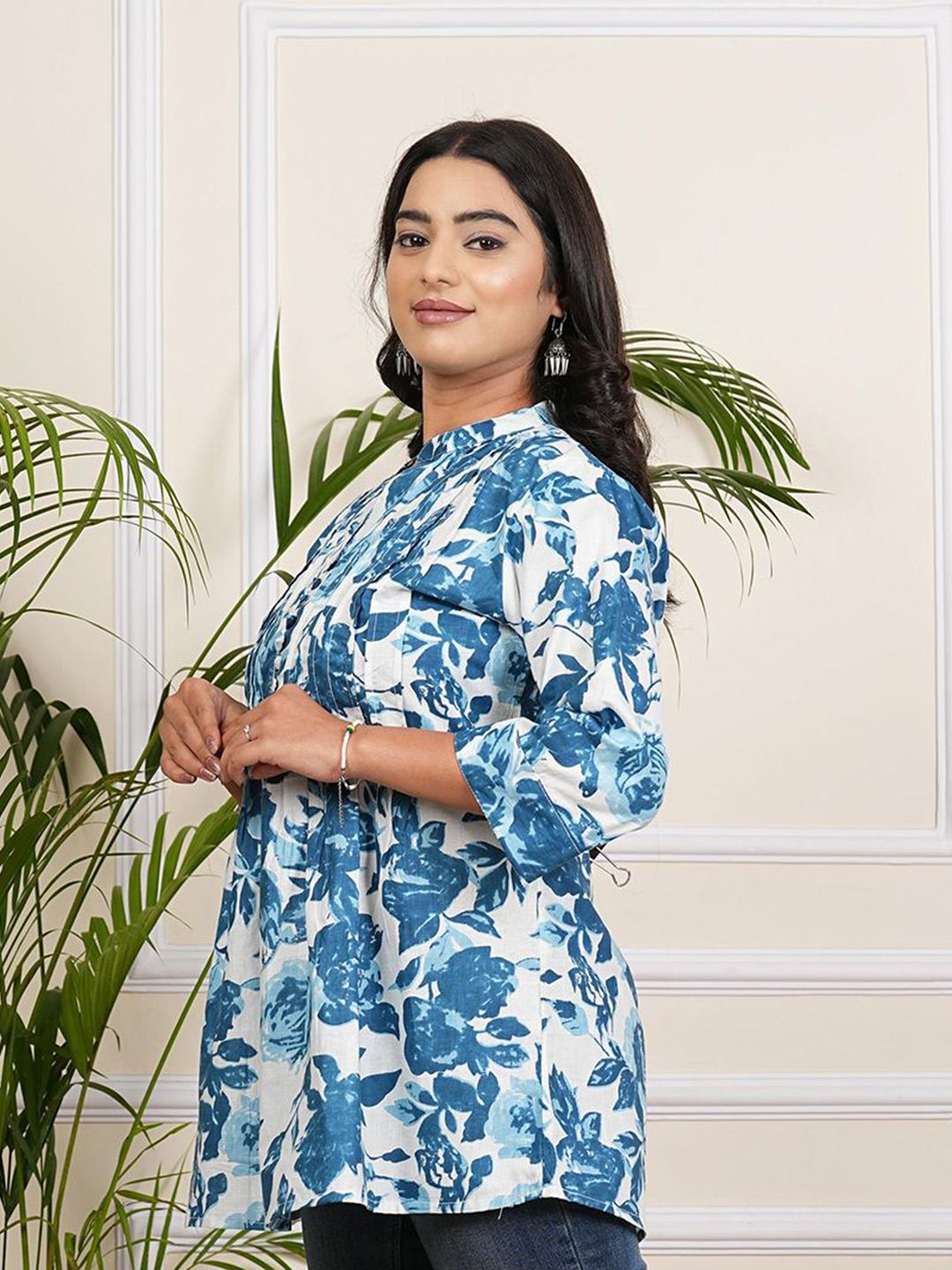 Floral Print Mandarin Collar Roll-Up Sleeves Accordion Pleats A-Line Top