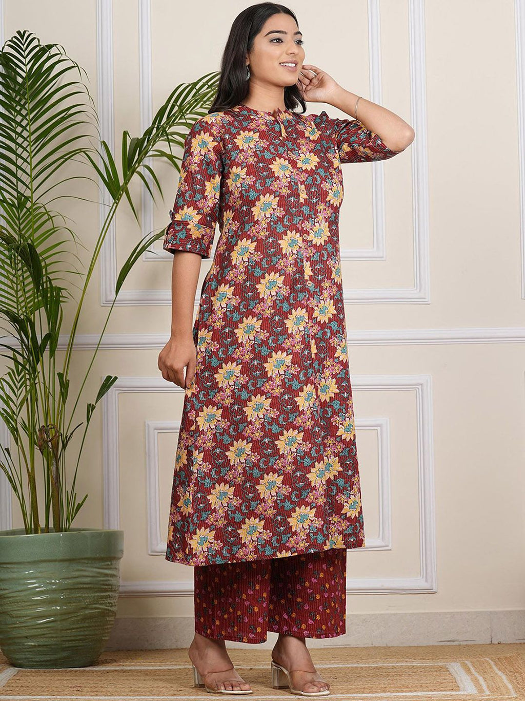 Floral Printed Band Collar A-line Kurta With Palazzos