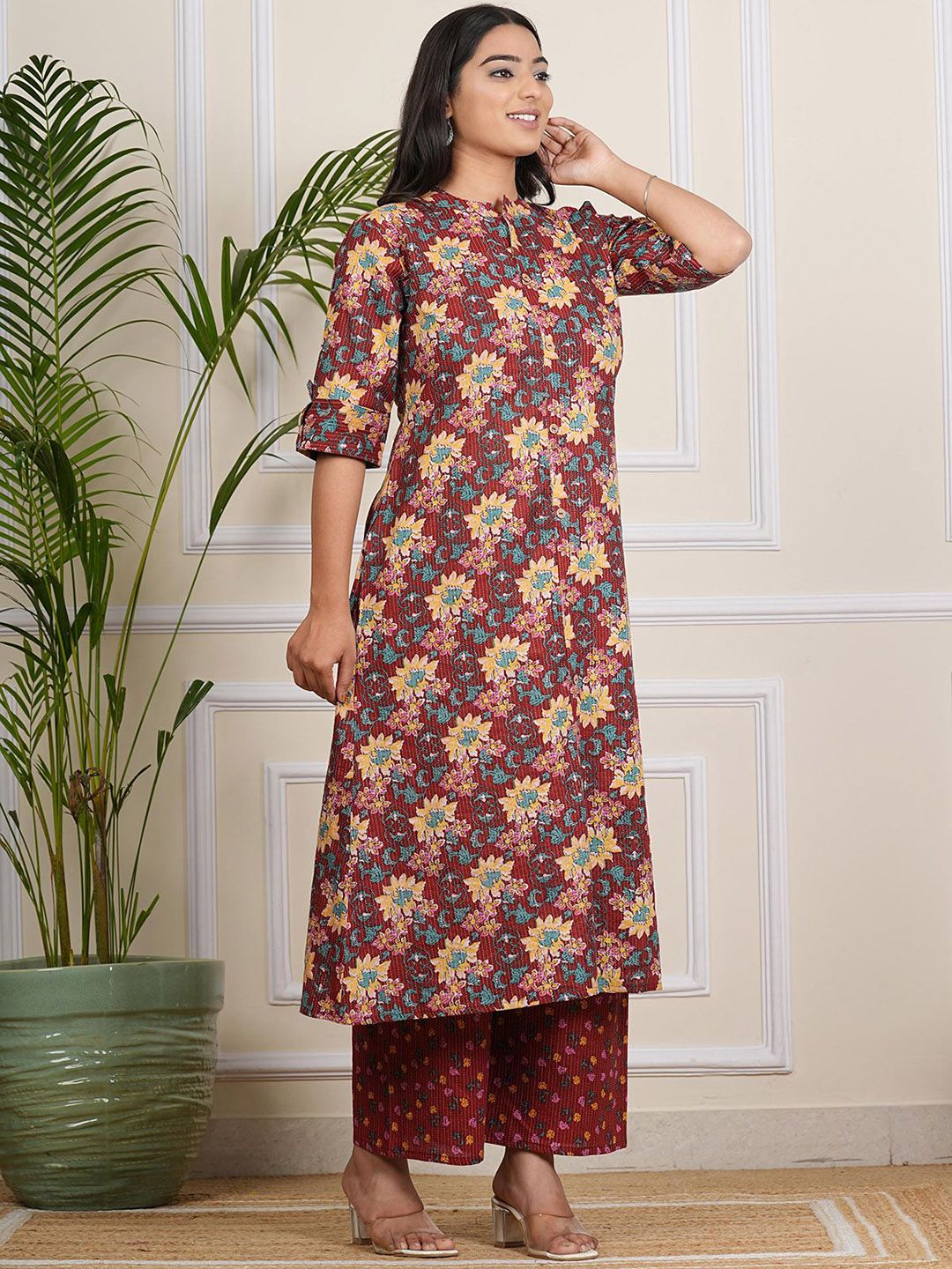 Floral Printed Band Collar A-line Kurta With Palazzos