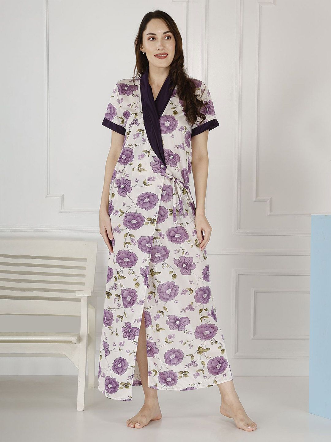Be You Women Satin Floral Printed Maxi Wrap Nightdress