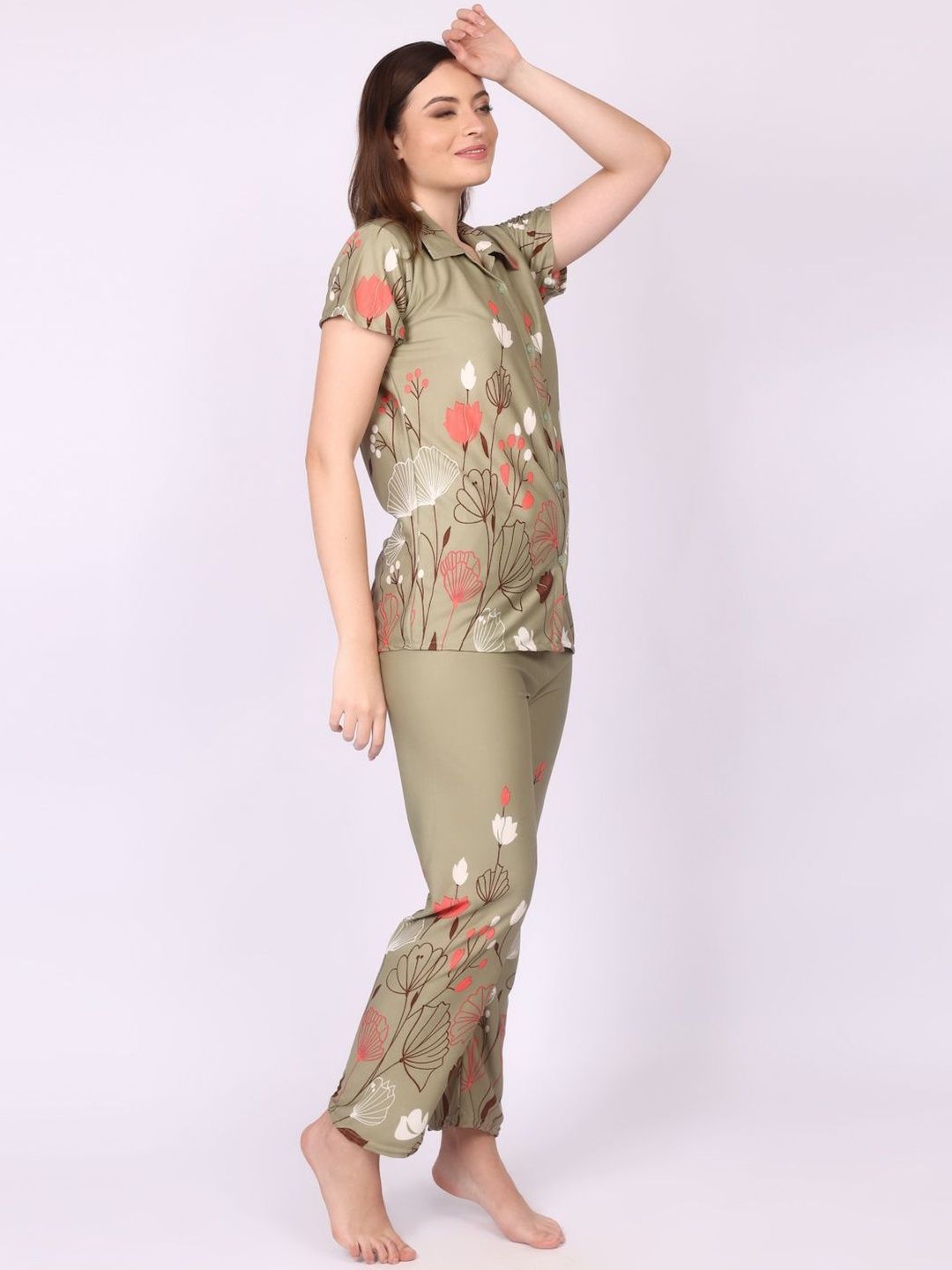 Women Olive Satin Printed Night suit