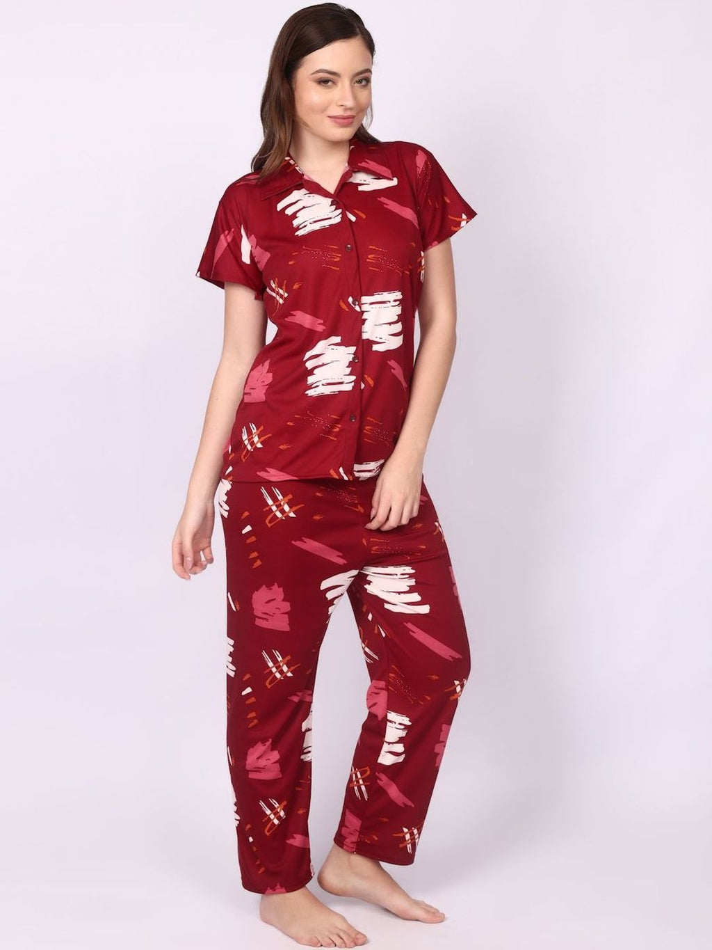 Women Maroon Printed Night suit