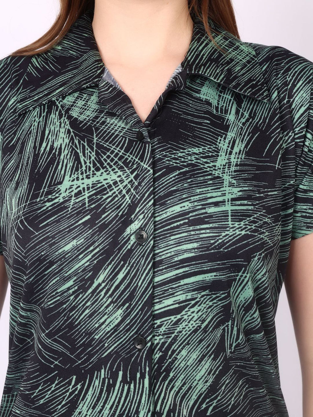 Women Green Satin Shirt Collar Short Sleeves Causal Night Suit