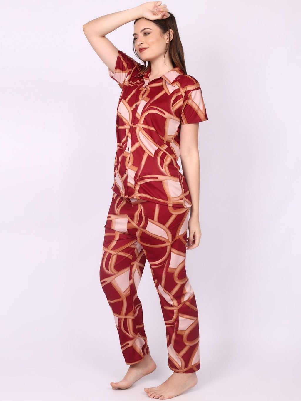 Women Maroon Printed Night suit